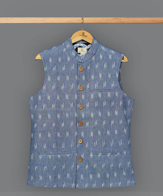 Light blue pochampally ikat cotton nehru jacket