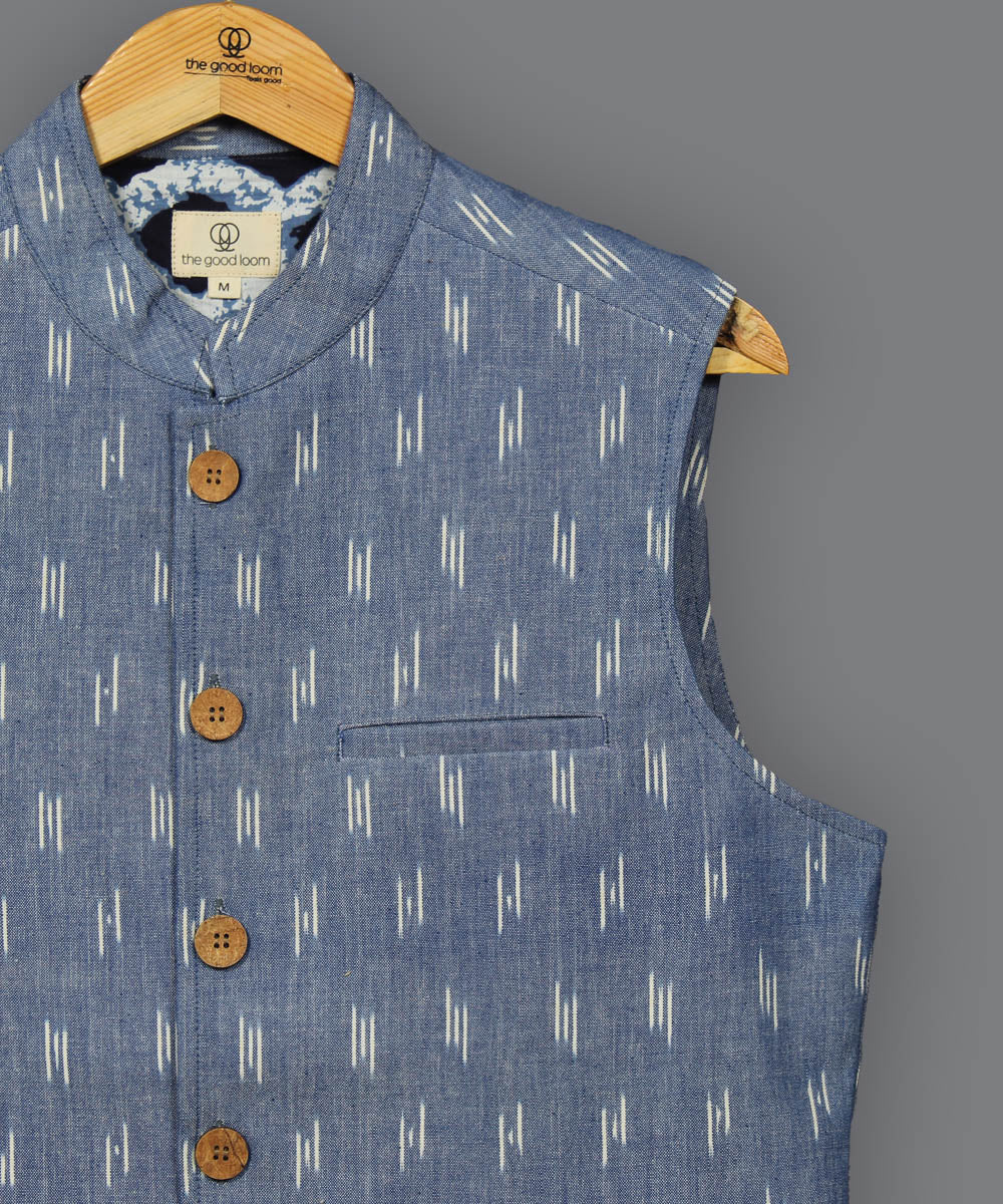 Light blue pochampally ikat cotton nehru jacket
