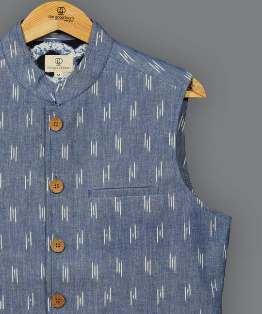 Light blue pochampally ikat cotton nehru jacket