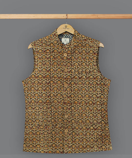 Olive green handblock print kalamkari cotton nehru jacket
