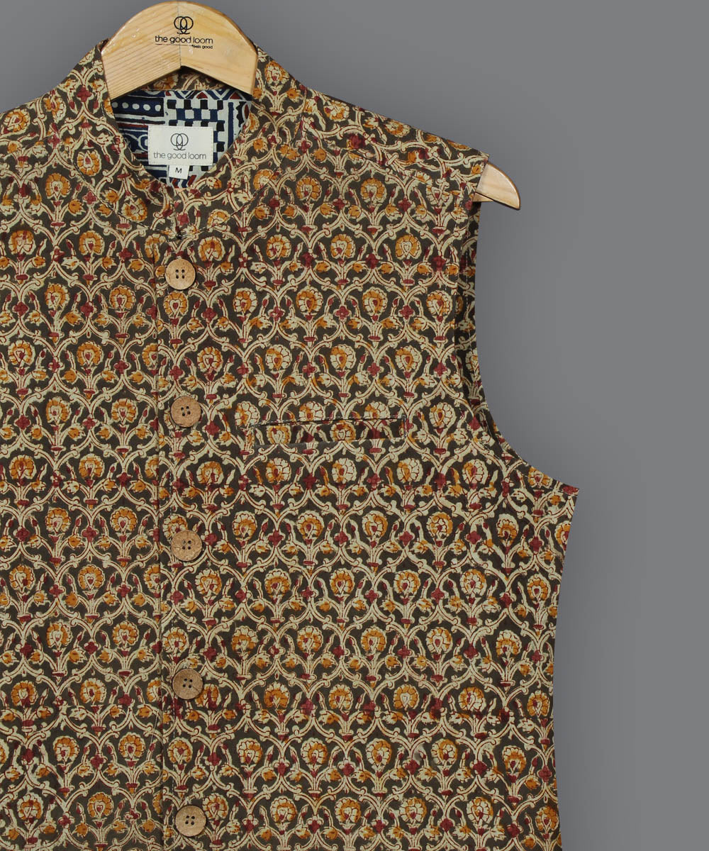 Olive green handblock print kalamkari cotton nehru jacket