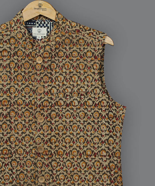 Olive green handblock print kalamkari cotton nehru jacket