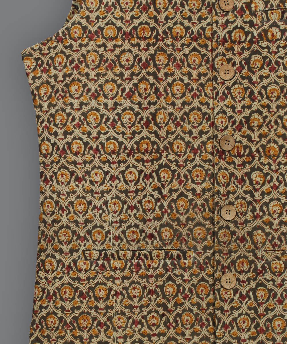 Olive green handblock print kalamkari cotton nehru jacket