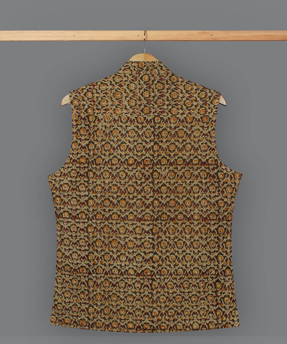 Olive green handblock print kalamkari cotton nehru jacket