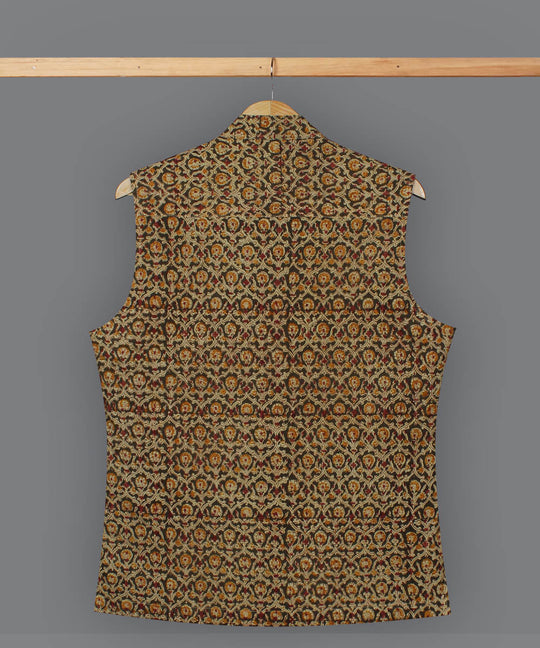 Olive green handblock print kalamkari cotton nehru jacket