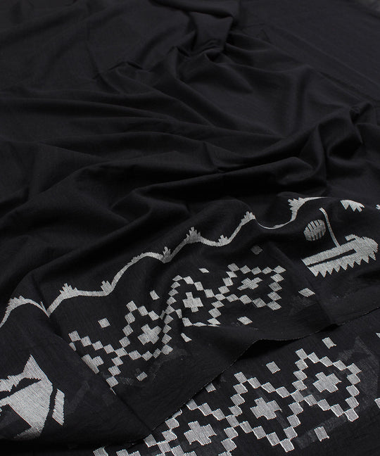 Black handloom bengal cotton jamdani fabric