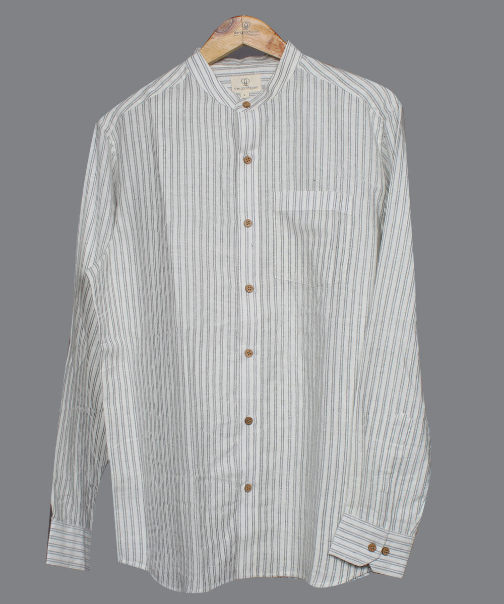 White double stripe handwoven cotton mandrian collar shirt