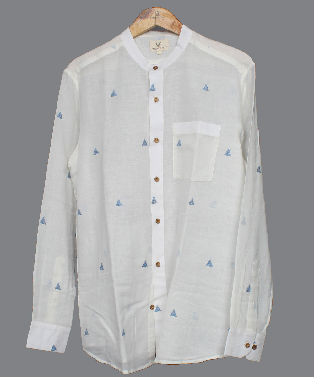 White blue handwoven jamdani mandrian collar shirt