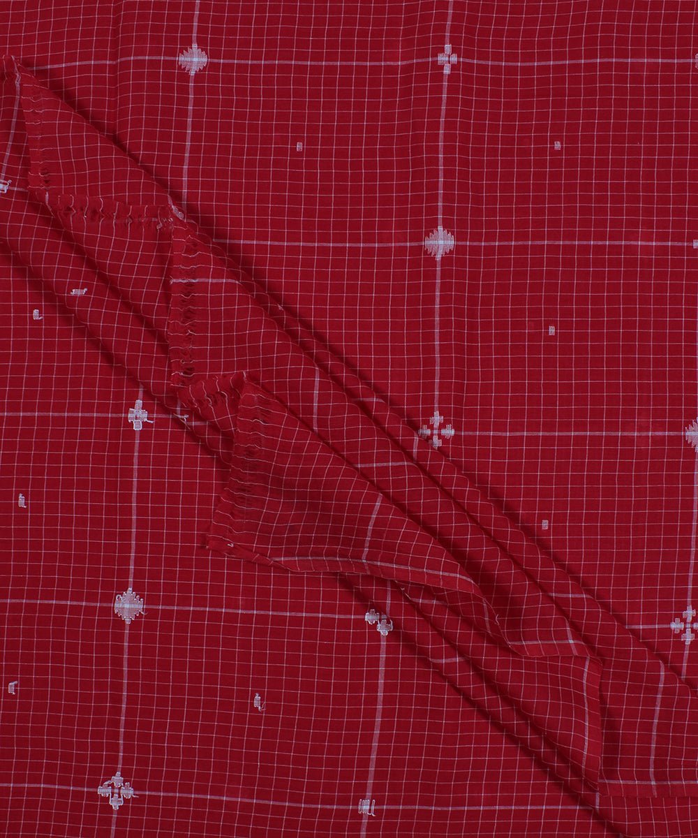 Red white handwoven jamdani checks fabric