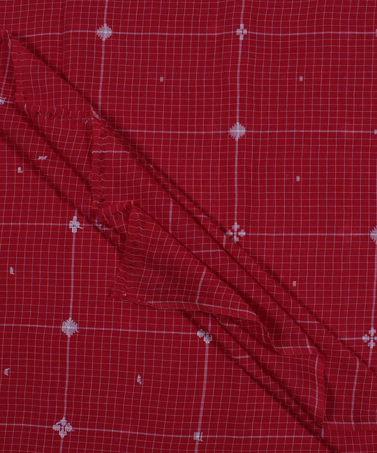 Red white handwoven jamdani checks fabric