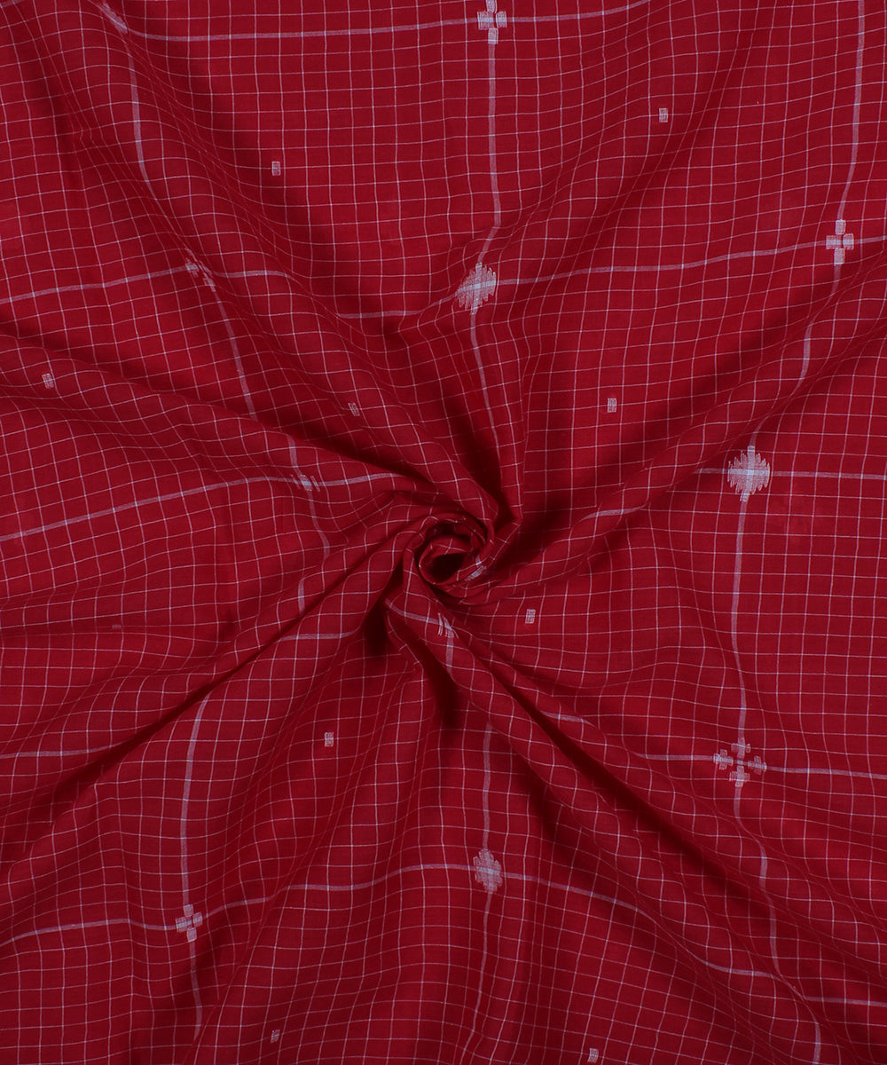 Red white handwoven jamdani checks fabric