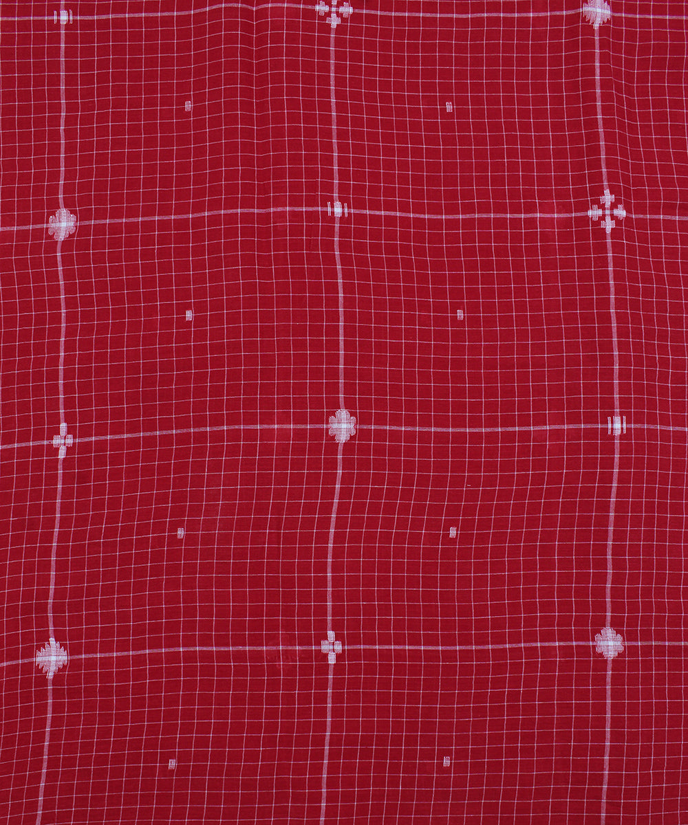 Red white handwoven jamdani checks fabric