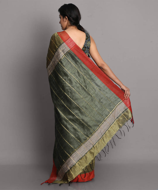 Olive green handwoven tussar silk saree