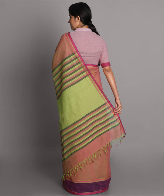 Beige pink cotton handwoven saree