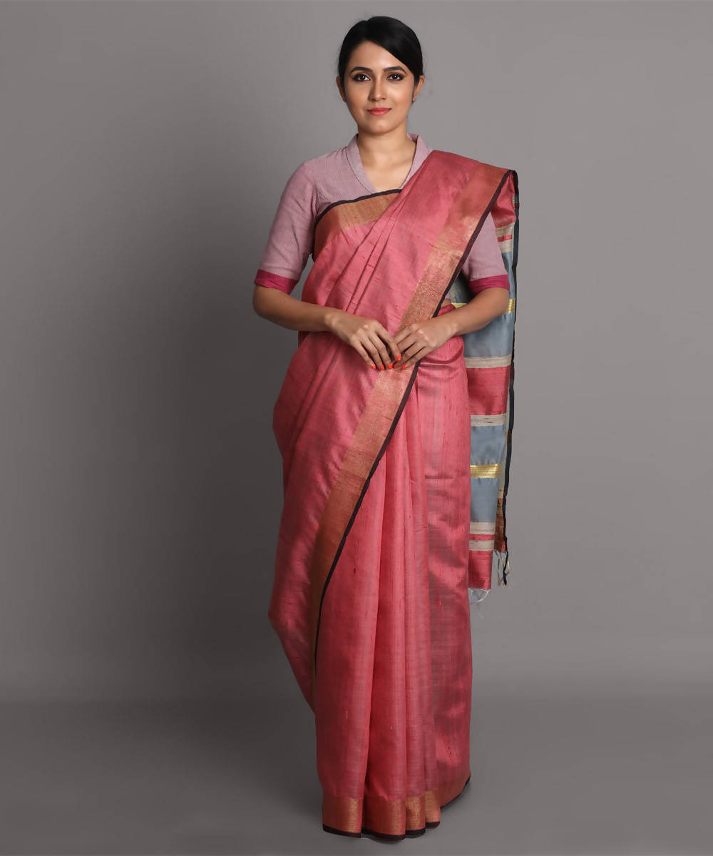 Peach pink handloom tussar silk saree
