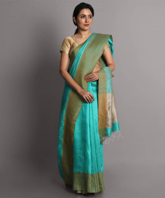 Aqua blue handwoven tussar silk saree
