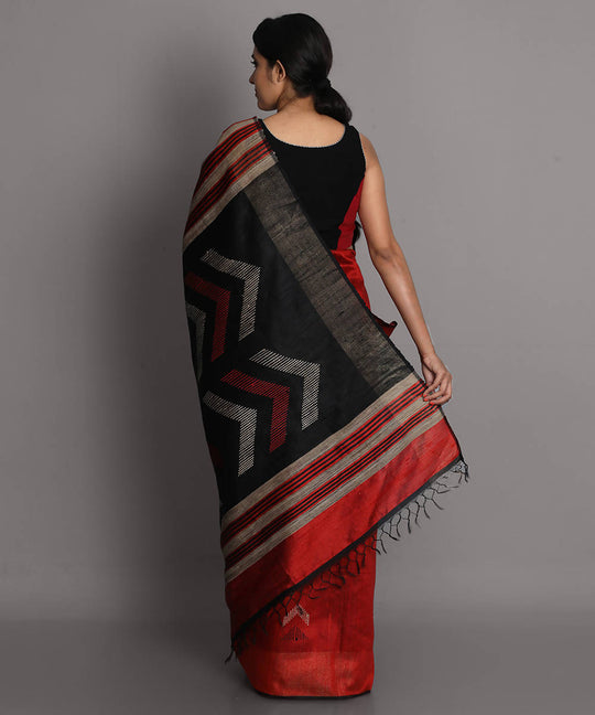 Red maroon handwoven tussar silk saree