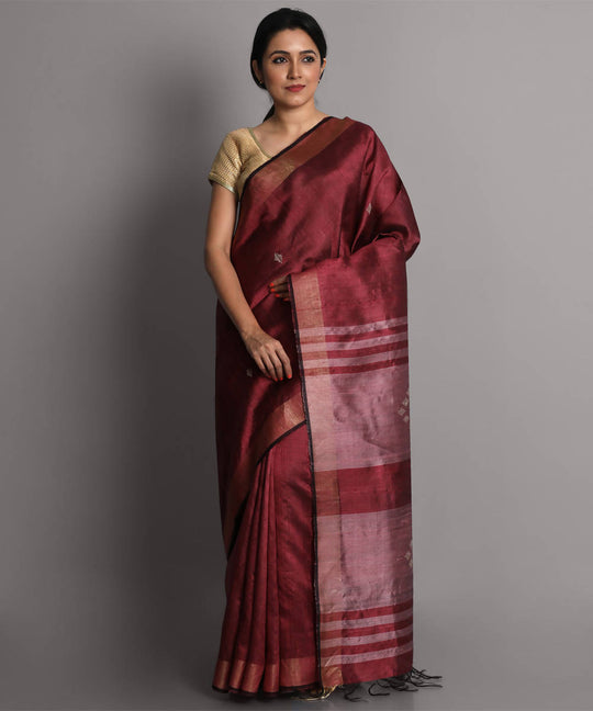 Maroon handwoven tussar silk saree