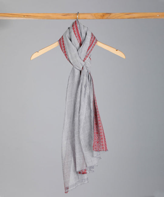 Red striped jamdani handwoven muslin stole