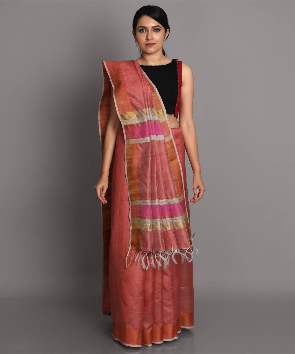 Peach handwoven tussar silk saree