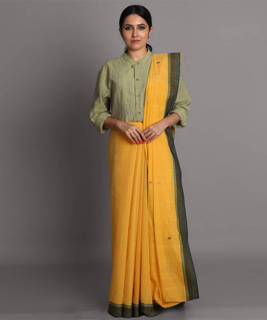 Yellow cotton jamdani handwoven saree