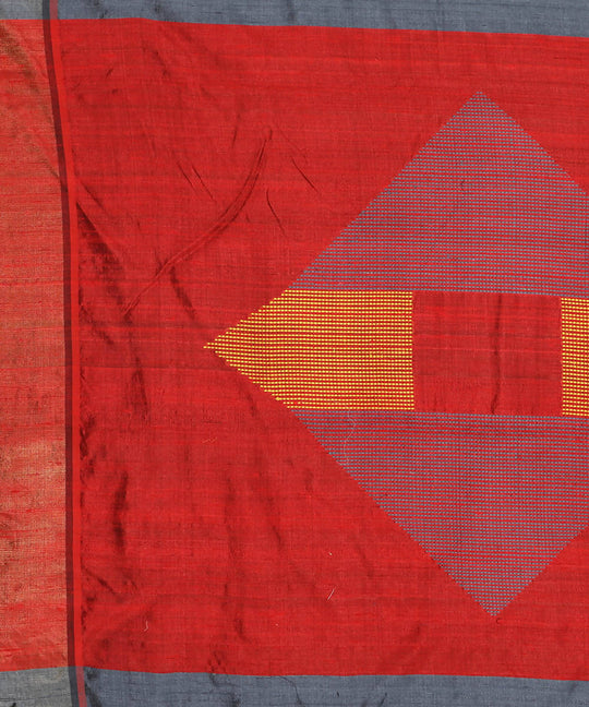Grey and red handwoven tussar silk saree