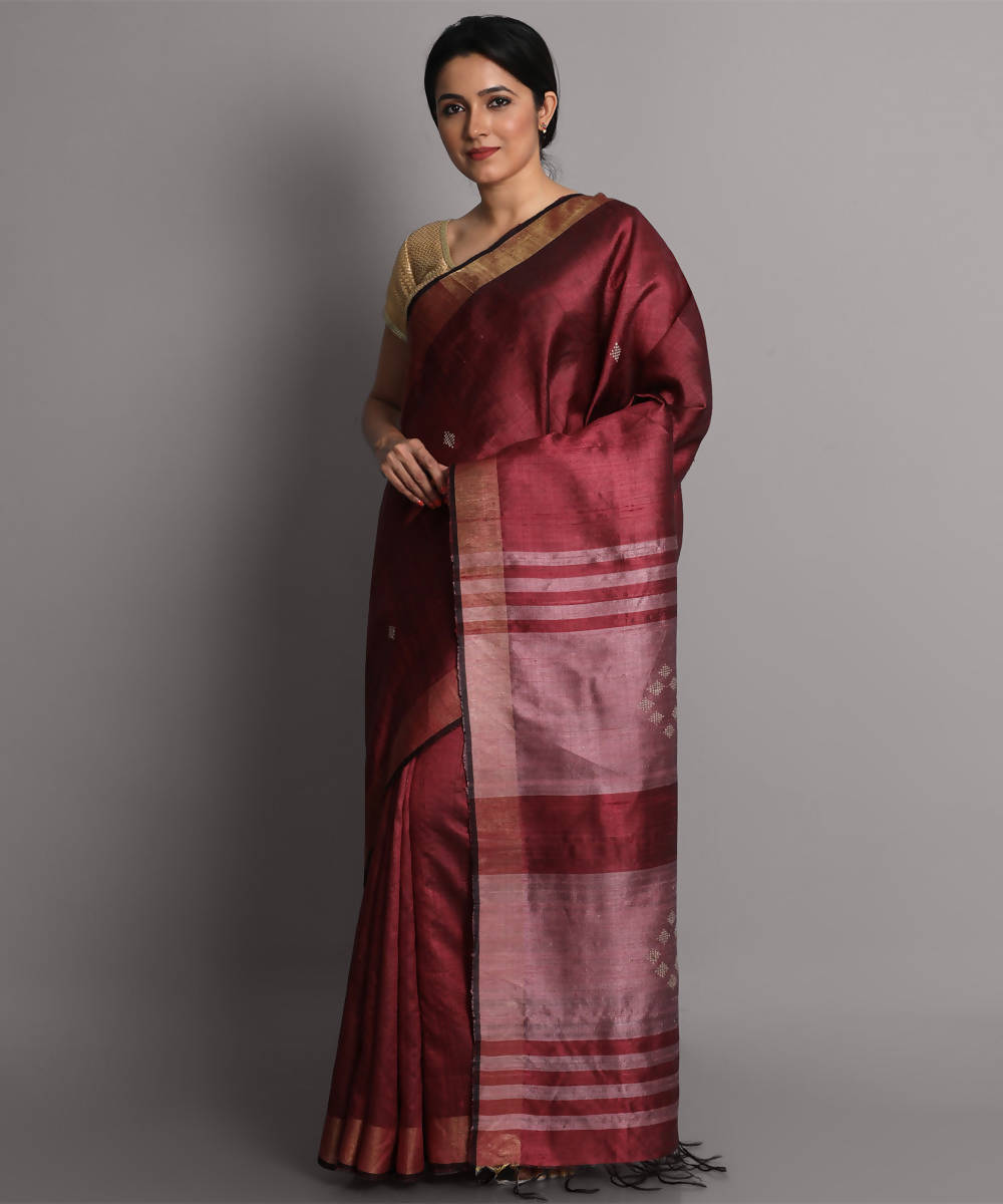Maroon handwoven tussar silk saree