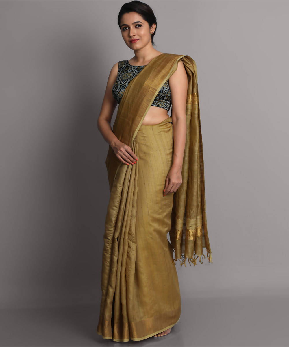 Golden handwoven tussar silk saree