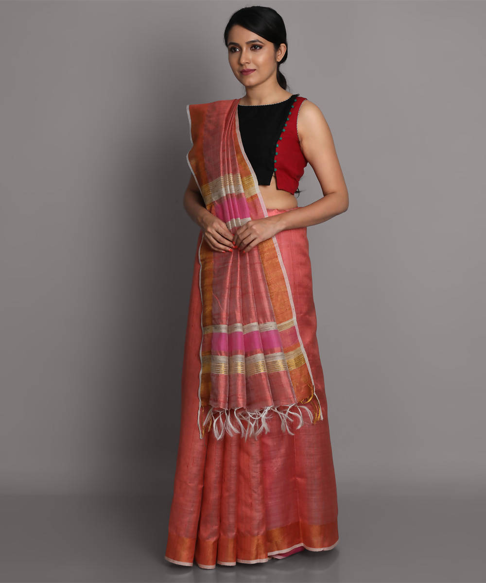 Peach handwoven tussar silk saree
