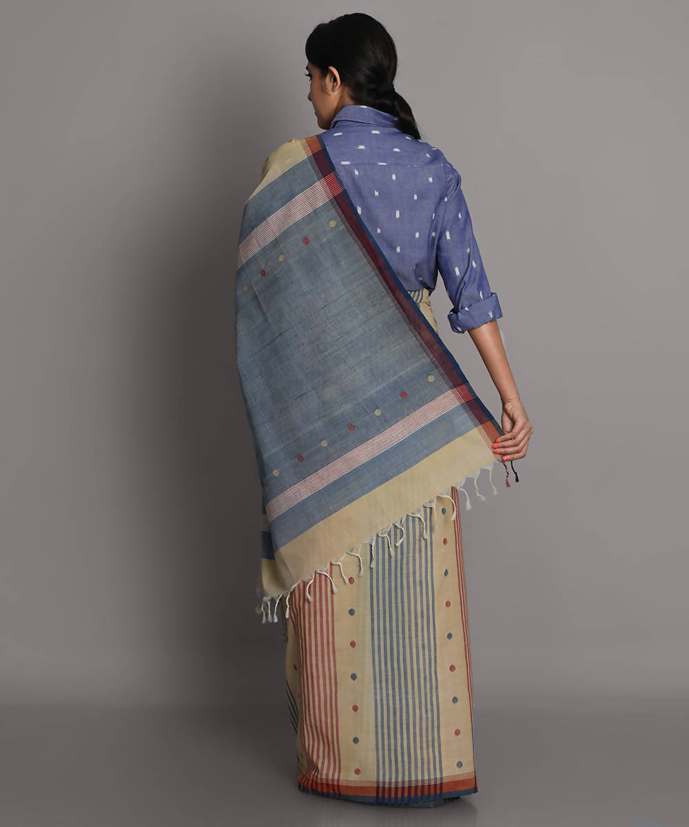 Beige blue cotton srikakulam jamdani handwoven saree