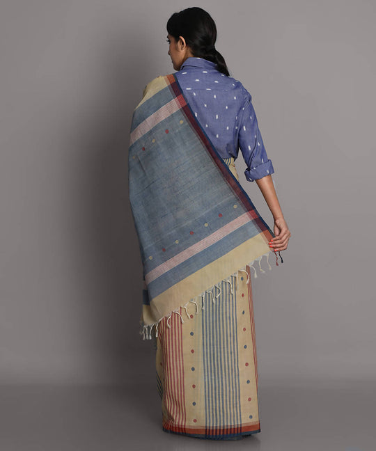 Beige blue cotton srikakulam jamdani handwoven saree