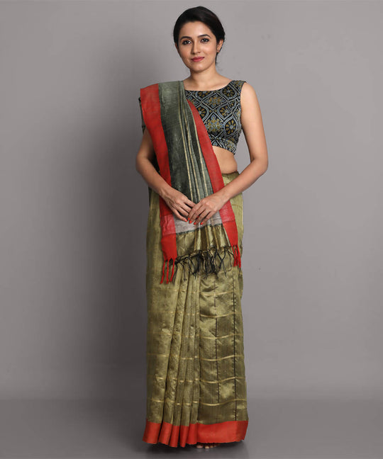 Olive green handwoven tussar silk saree