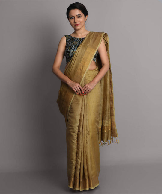 Golden handwoven tussar silk saree
