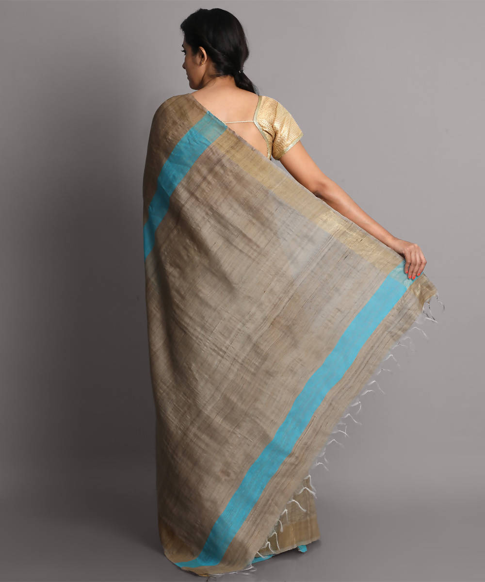 Beige brown handwoven tussar silk saree