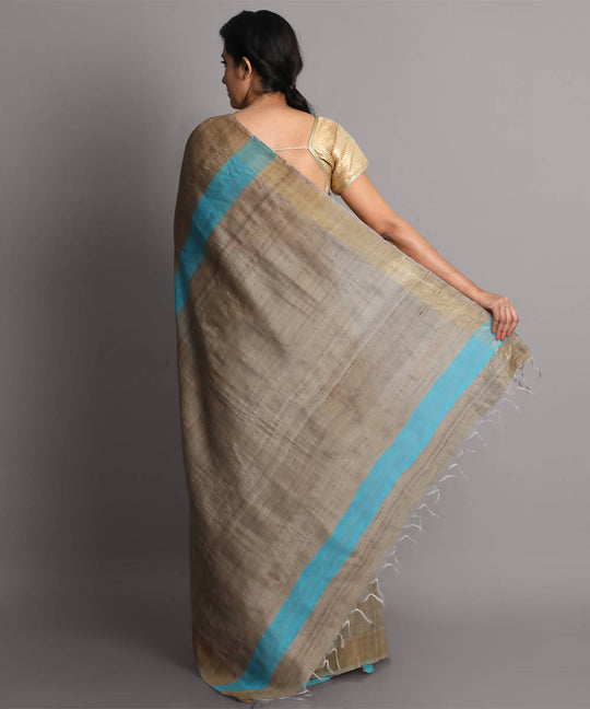 Beige brown handwoven tussar silk saree