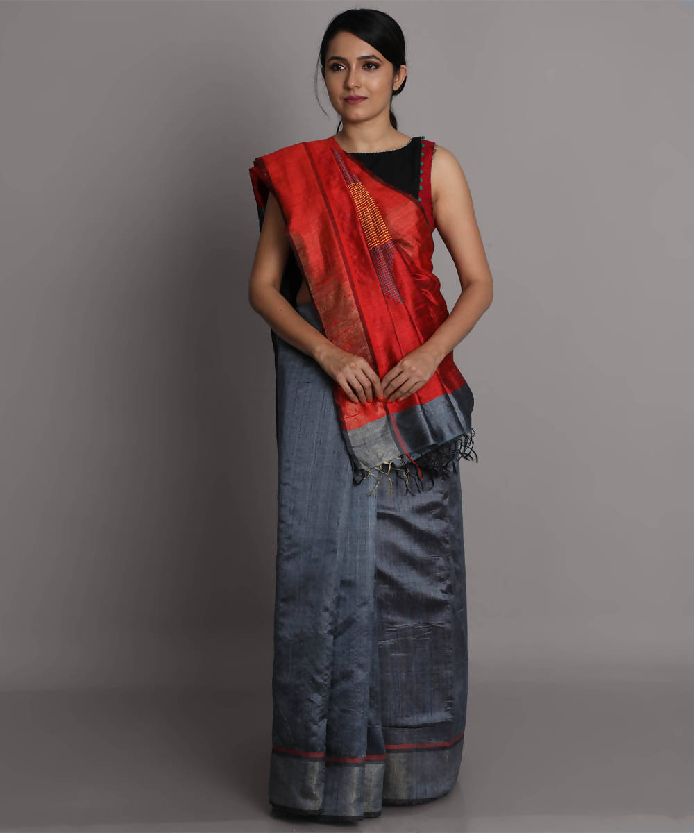 Grey and red handwoven tussar silk saree