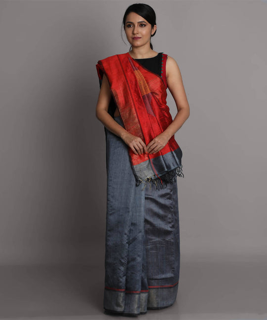 Grey and red handwoven tussar silk saree