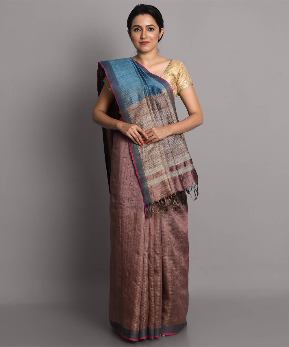 Peach mauve handwoven tussar silk saree