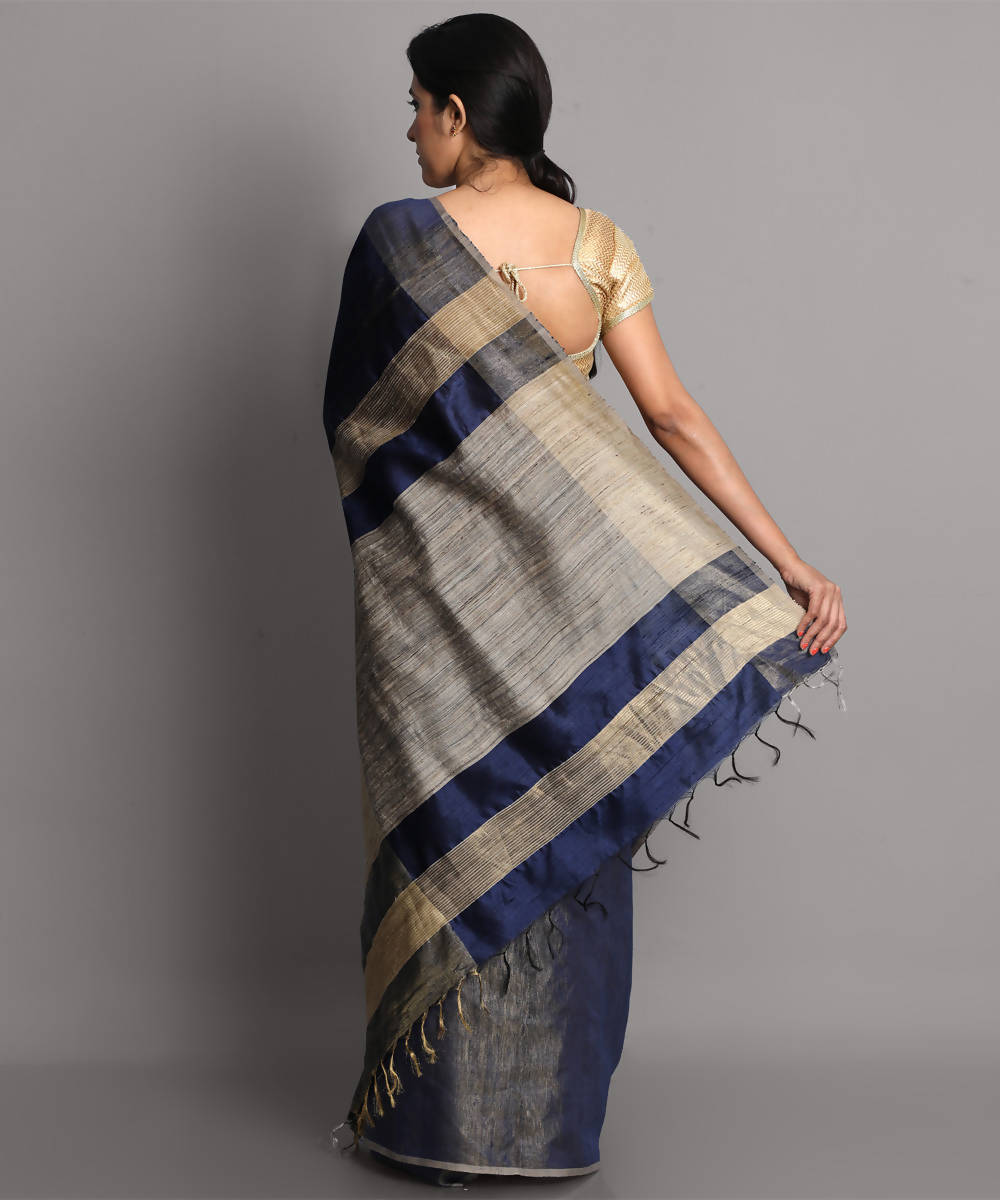 Dark blue handwoven tussar silk saree
