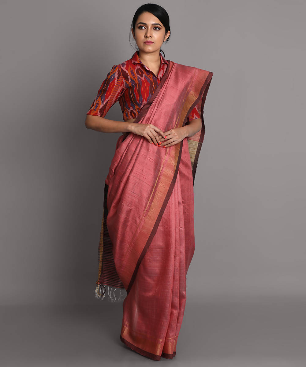 Peach pink handwoven tussar silk saree