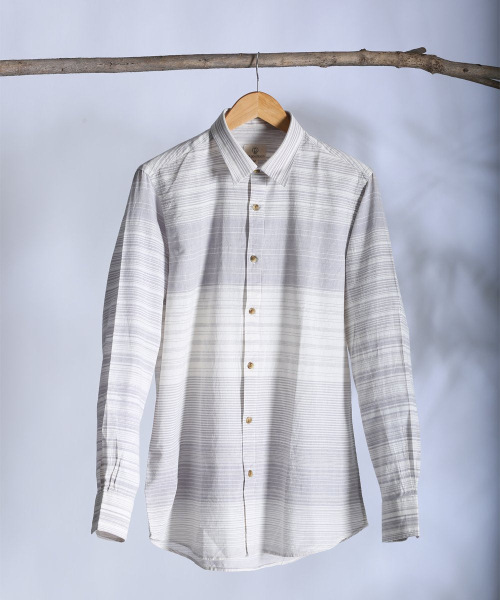 Grey white engineered striped collared shirt
