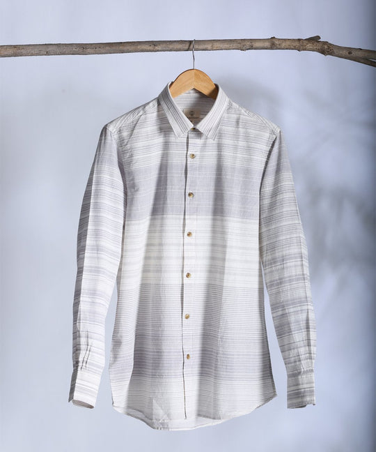 Grey white engineered striped collared shirt