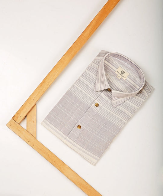 Grey white engineered striped collared shirt