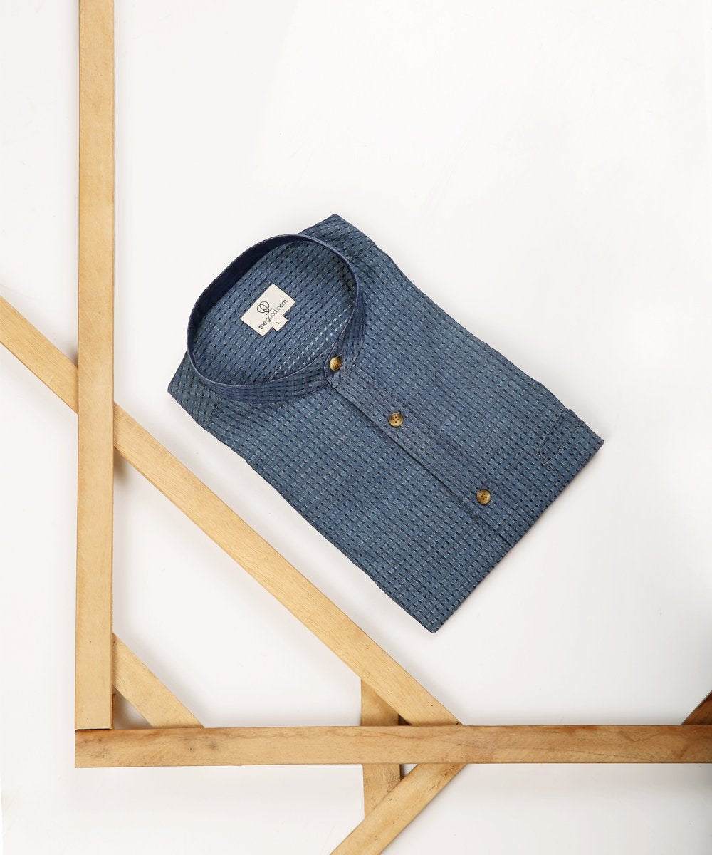Dark blue dobby mandarin collared shirt