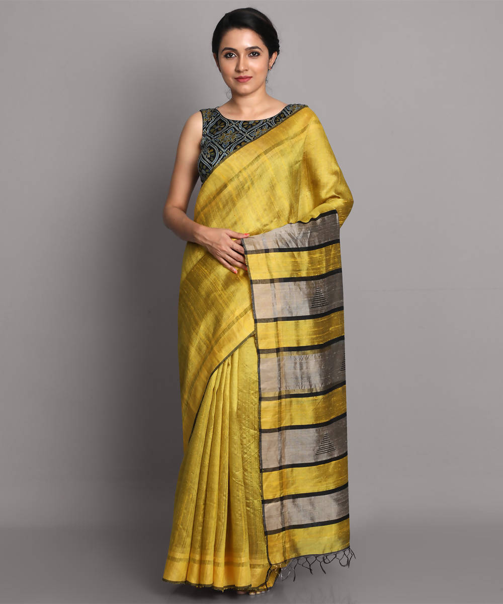 Golden yellow handwoven tussar silk saree