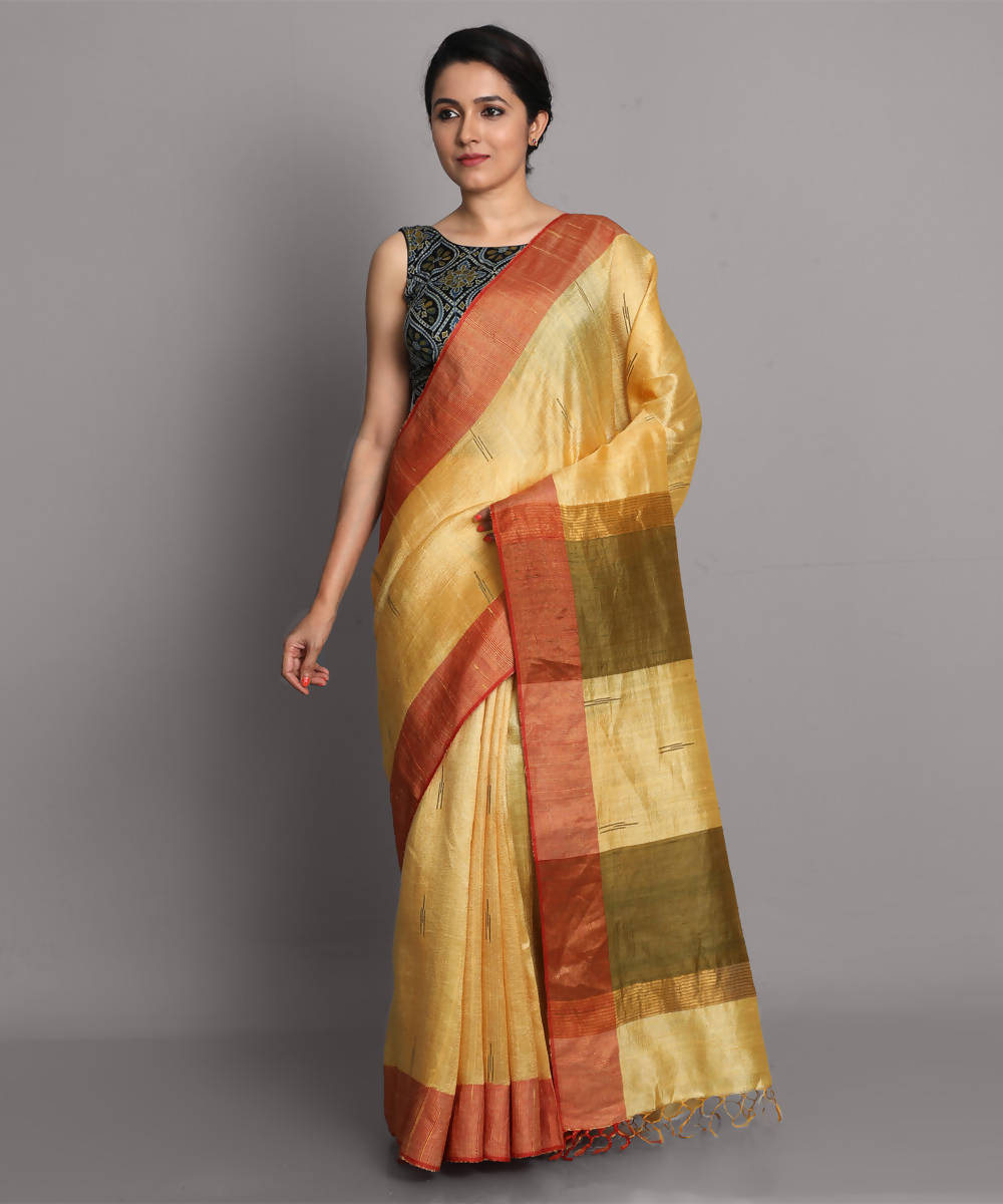 Lemon yellow handwoven tussar silk saree