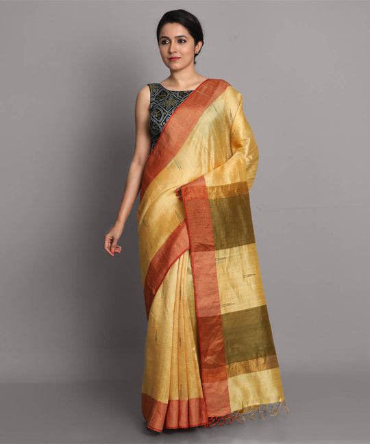 Lemon yellow handwoven tussar silk saree