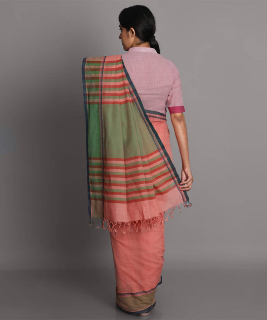 Peach cotton handwoven saree