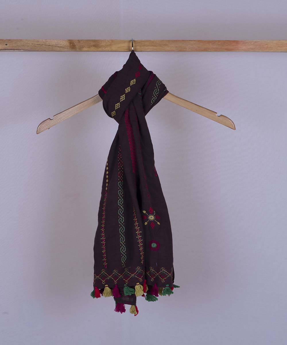 Dark wine lambani hand embroidered cotton stole