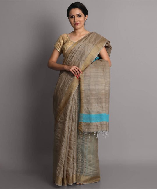 Beige brown handwoven tussar silk saree